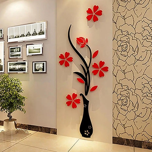 New Retro Vase Flower Tree Pattern DIY Home Room TV Decor Arcylic 3D Wall Sticker Red