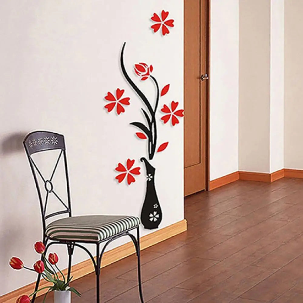 New Retro Vase Flower Tree Pattern DIY Home Room TV Decor Arcylic 3D Wall Sticker Red