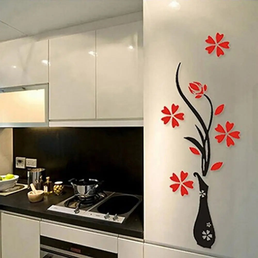 New Retro Vase Flower Tree Pattern DIY Home Room TV Decor Arcylic 3D Wall Sticker Red