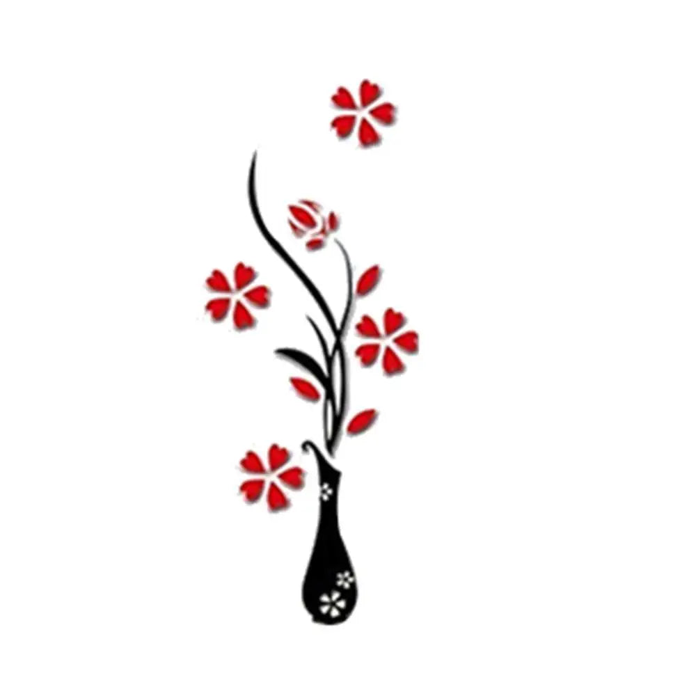 New Retro Vase Flower Tree Pattern DIY Home Room TV Decor Arcylic 3D Wall Sticker Red