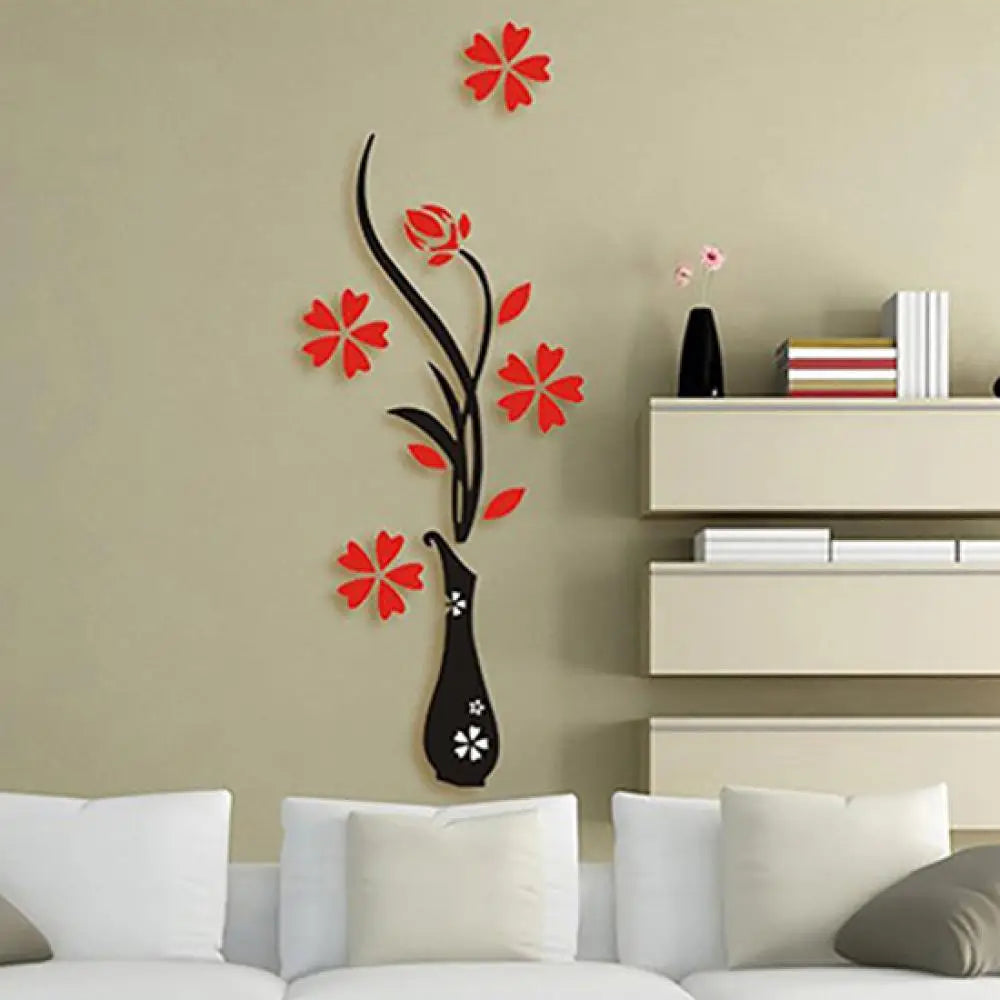 New Retro Vase Flower Tree Pattern DIY Home Room TV Decor Arcylic 3D Wall Sticker Red