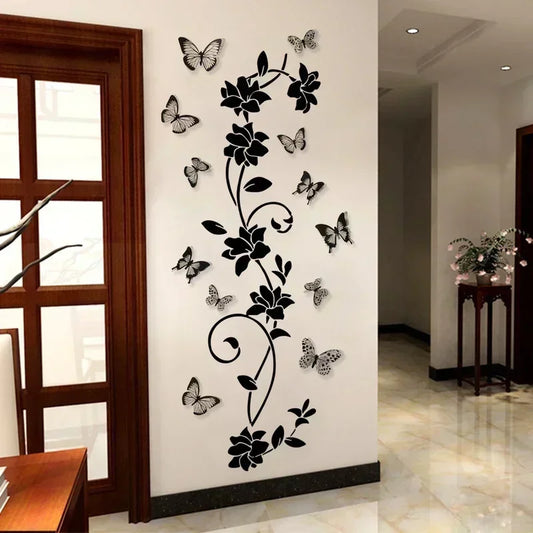 Black Flower Vine 3D Butterfly Wall Sticker