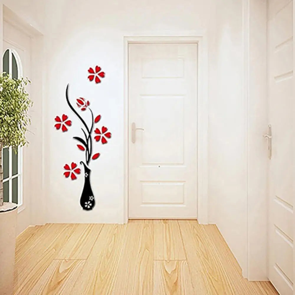 New Retro Vase Flower Tree Pattern DIY Home Room TV Decor Arcylic 3D Wall Sticker Red